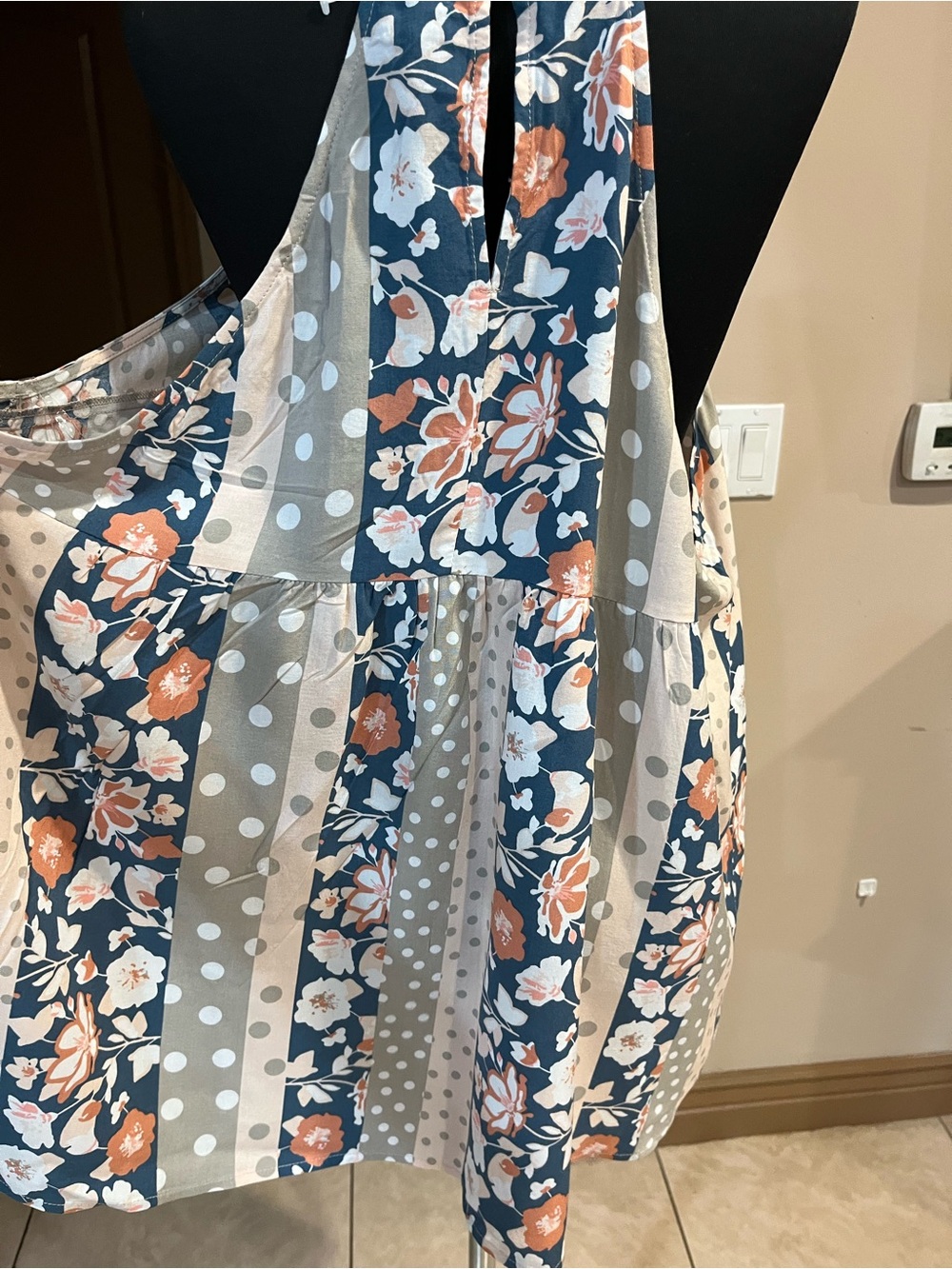 ANDREE BY UNIT Blue Floral & Peach Polka Dot Halter blouse - Picture 4 of 5